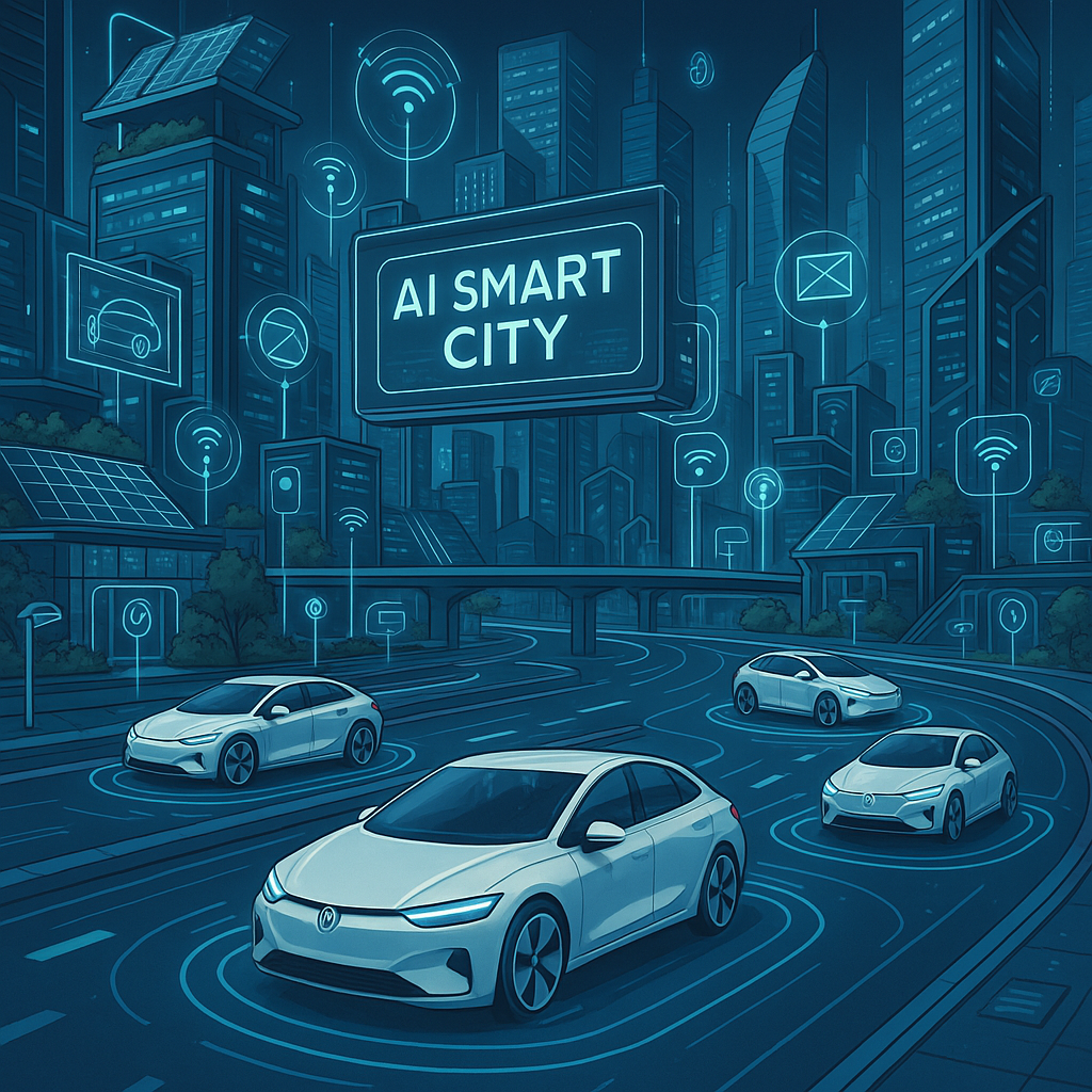 Wizualizacja inteligentnego miasta z flotą autonomicznych aut